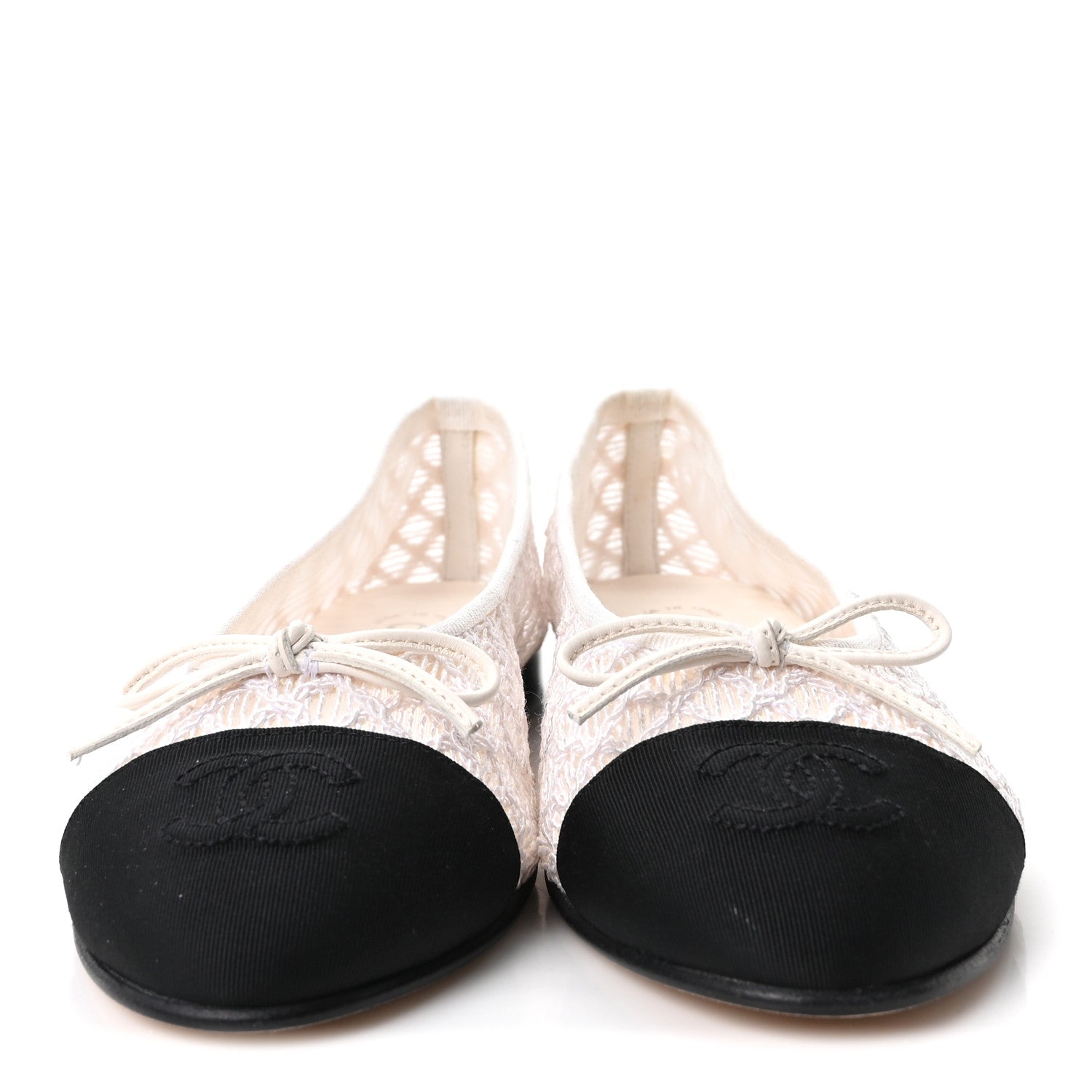 Mesh Crochet Grosgrain Cap Toe Ballerina Flats 36 White Black