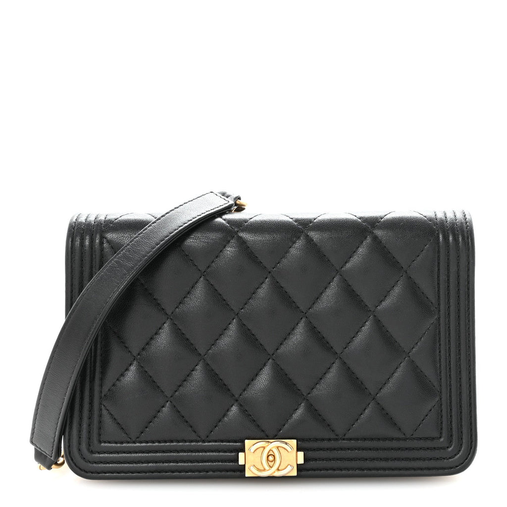 Chanel Lambskin Quilted Boy Wallet On Chain WOC Black