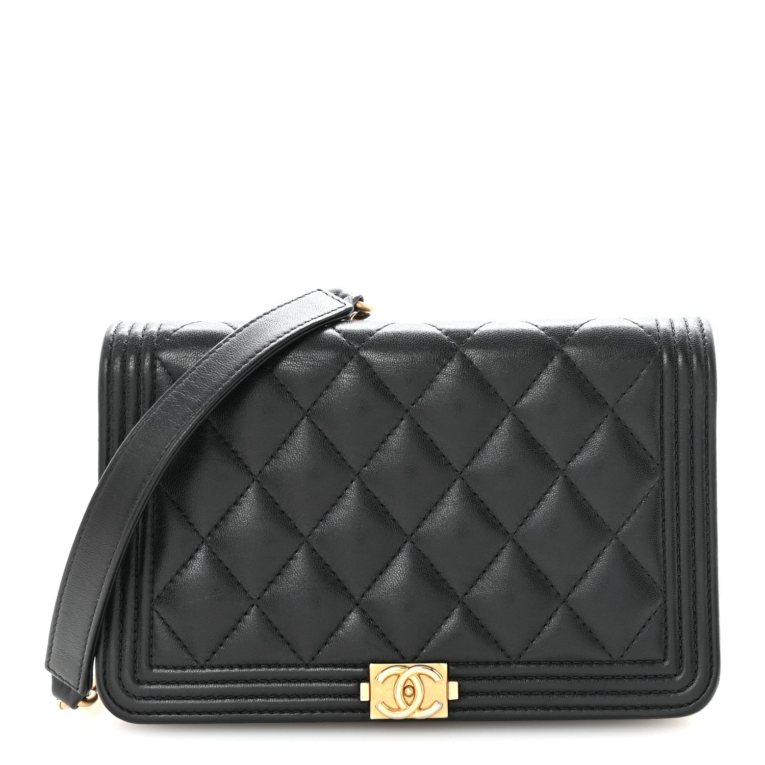 Chanel Lambskin Quilted Boy Wallet On Chain WOC Black