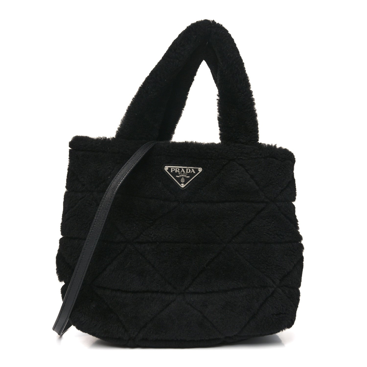 Prada Shearling Nappa Triangle Quilted Patchwork System Tote Black
