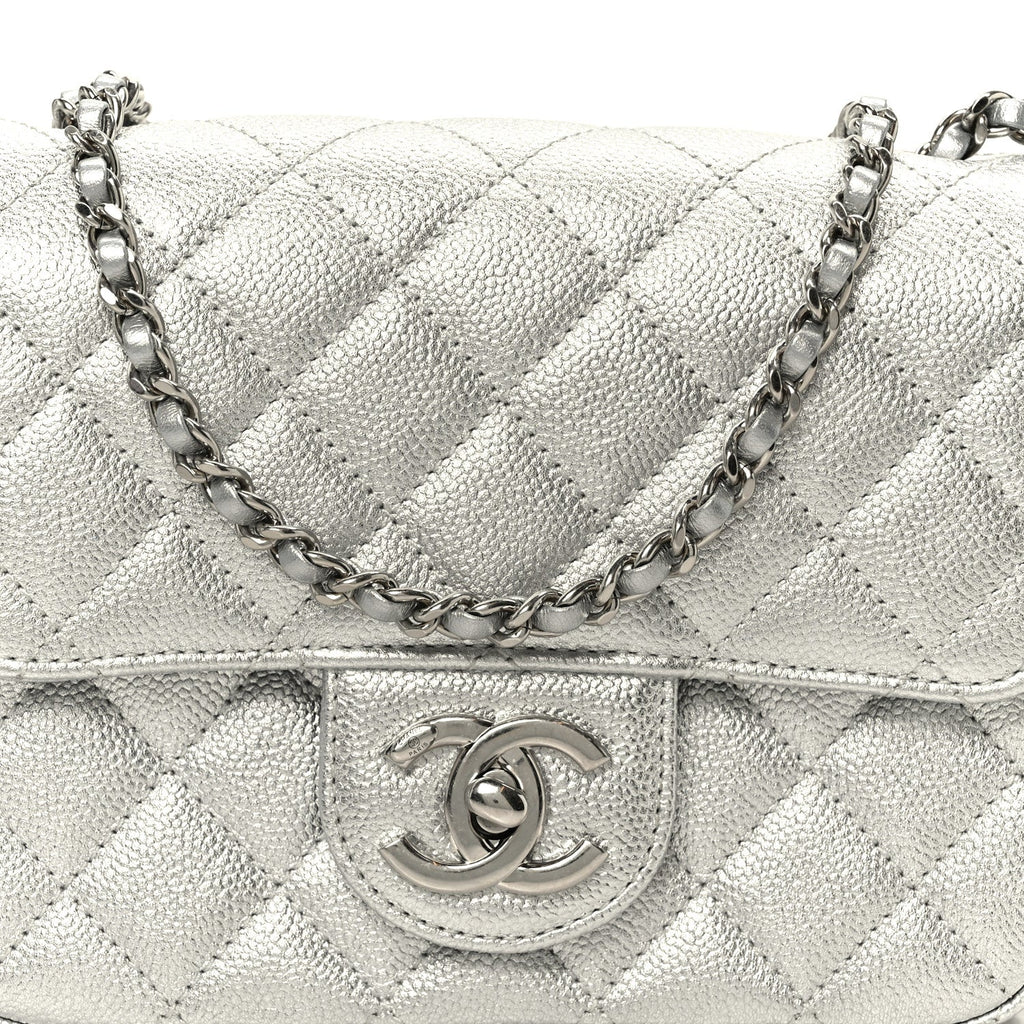 Chanel Metallic Caviar Quilted Mini Square CC Slide Flap Silver