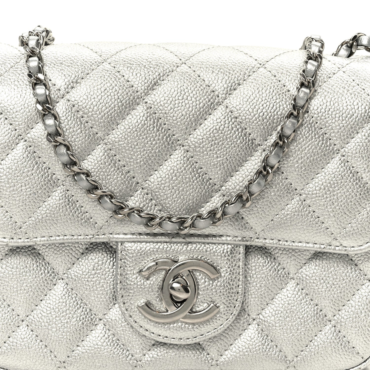 Chanel Metallic Caviar Quilted Mini Square CC Slide Flap Silver