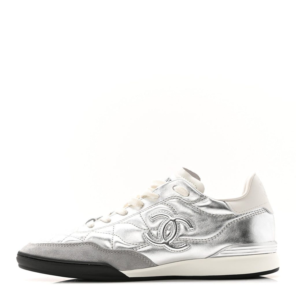 Laminated Calfskin Suede Quilted Womens CC Sneakers 38 Silver White Gray