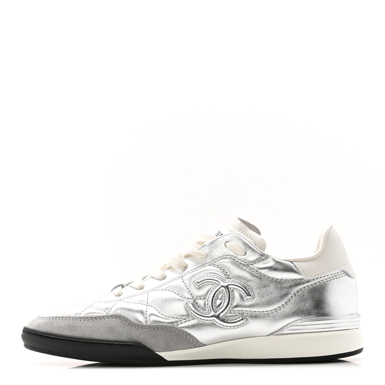 Laminated Calfskin Suede Quilted Womens CC Sneakers 38 Silver White Gray