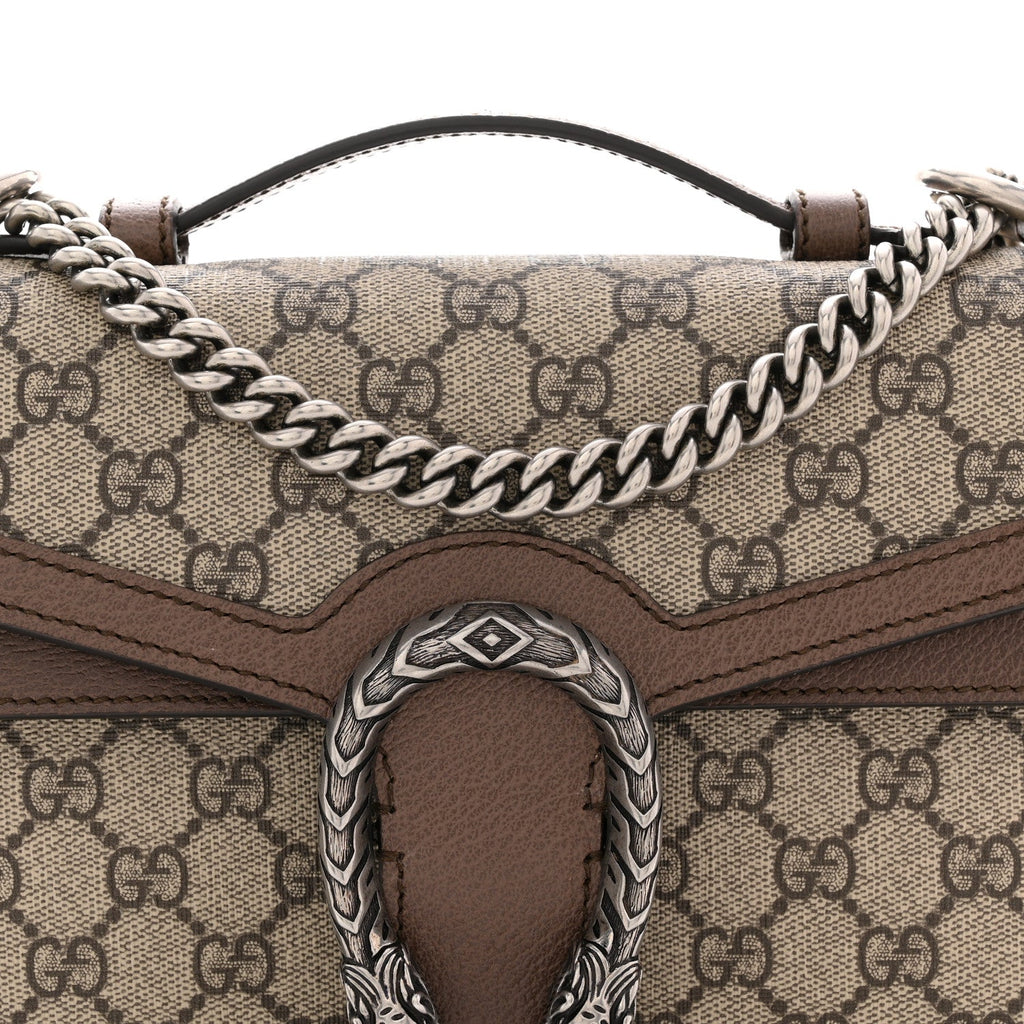 Gucci GG Supreme Monogram Textured Dollar Calfskin Top Handle Dionysus Shoulder Bag Beige Ebony New Acero