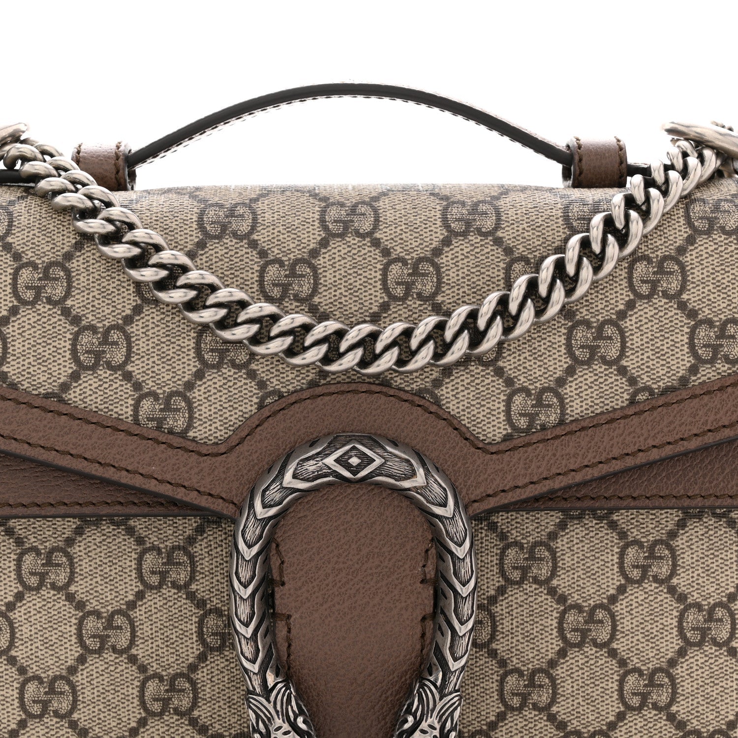 Gucci GG Supreme Monogram Textured Dollar Calfskin Top Handle Dionysus Shoulder Bag Beige Ebony New Acero
