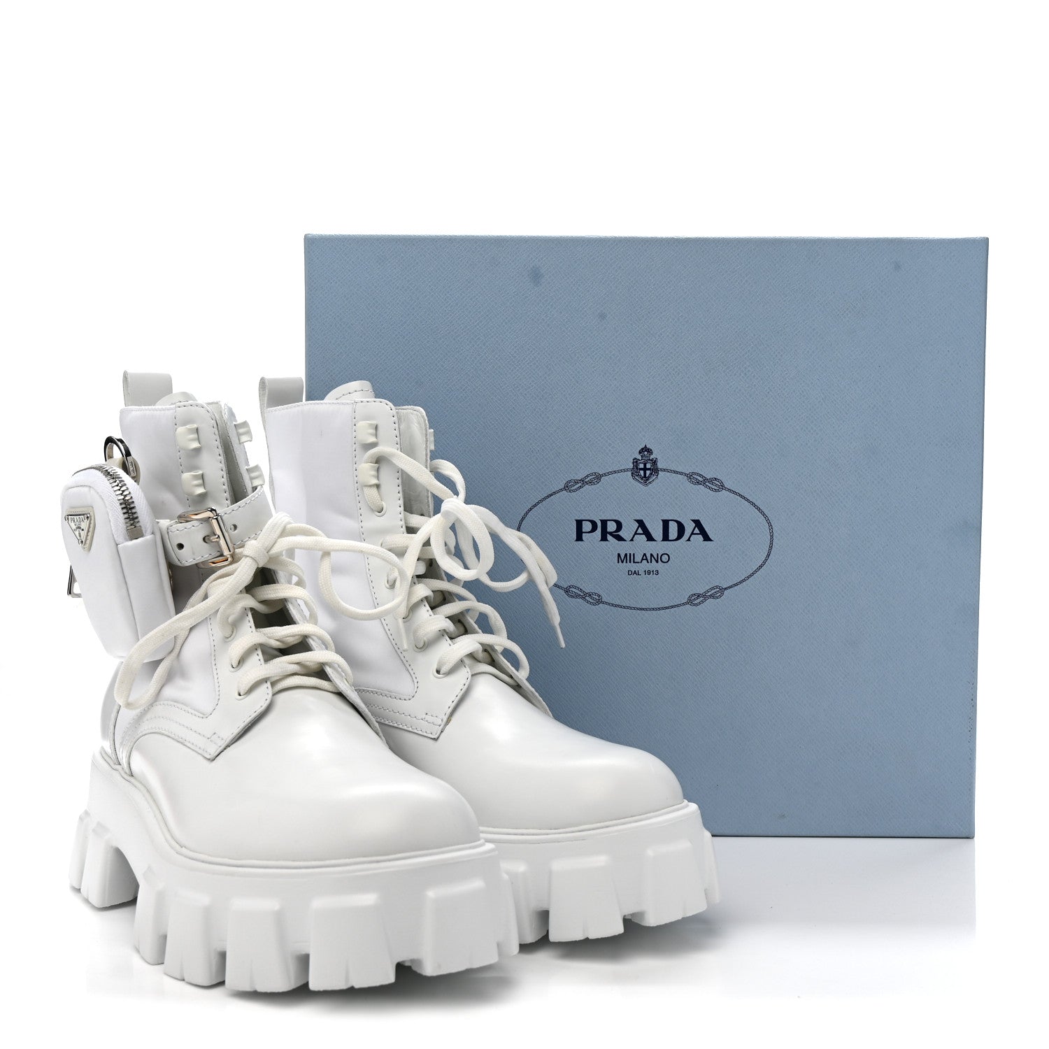 Prada Spazzolato Rois Re-Nylon Metal Triangle Logo Monolith Pouch Pocket 55mm Boots 40.5 White