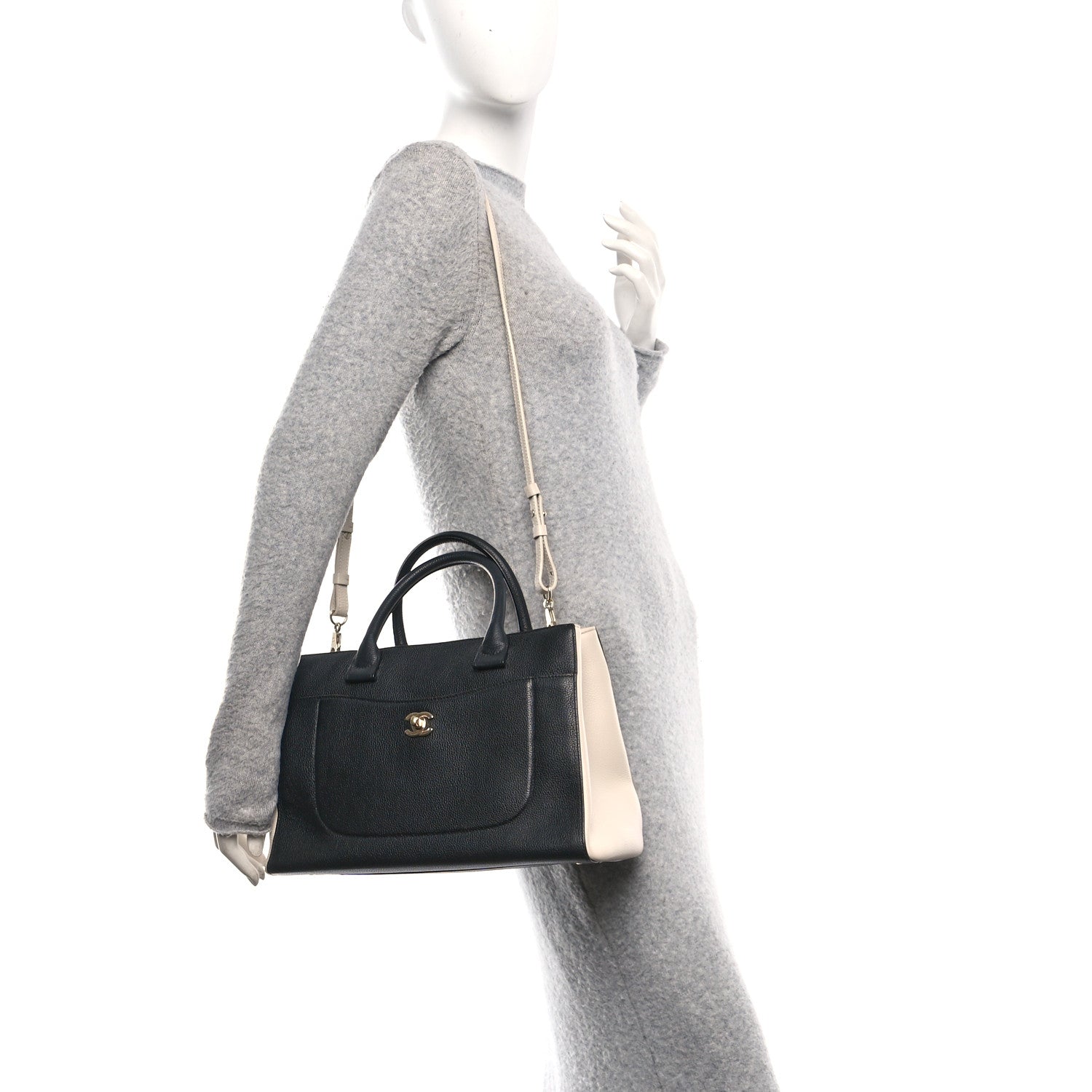 Chanel Grained Calfskin Small Bi-Color Neo Executive Shopper Tote Black Beige