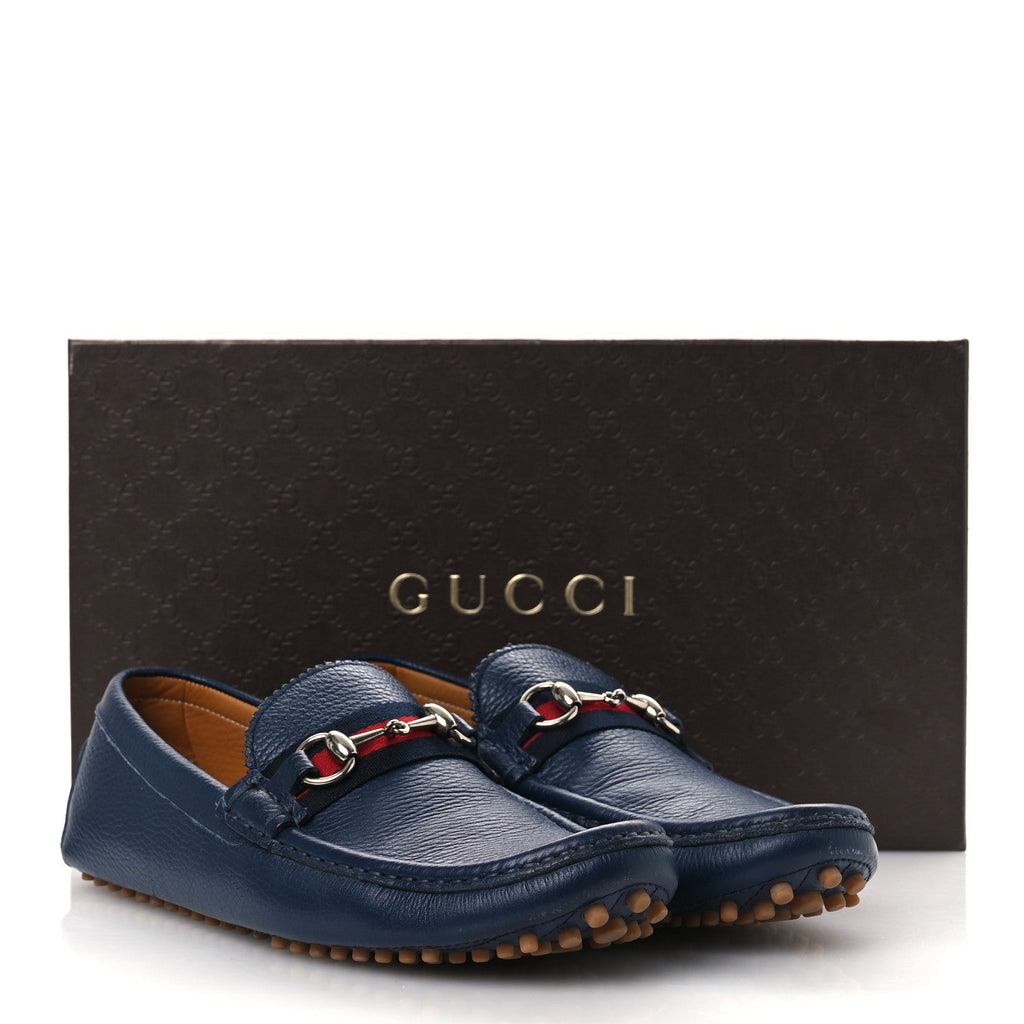 Gucci Road Calfskin Web Mens Horsebit Driver Loafers 9 Maritime