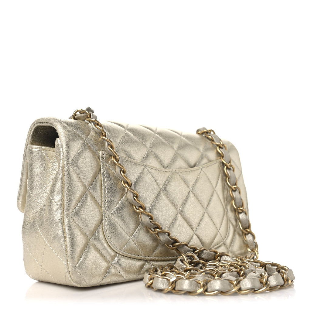 Chanel Metallic Lambskin Quilted Mini Rectangular Flap Gold