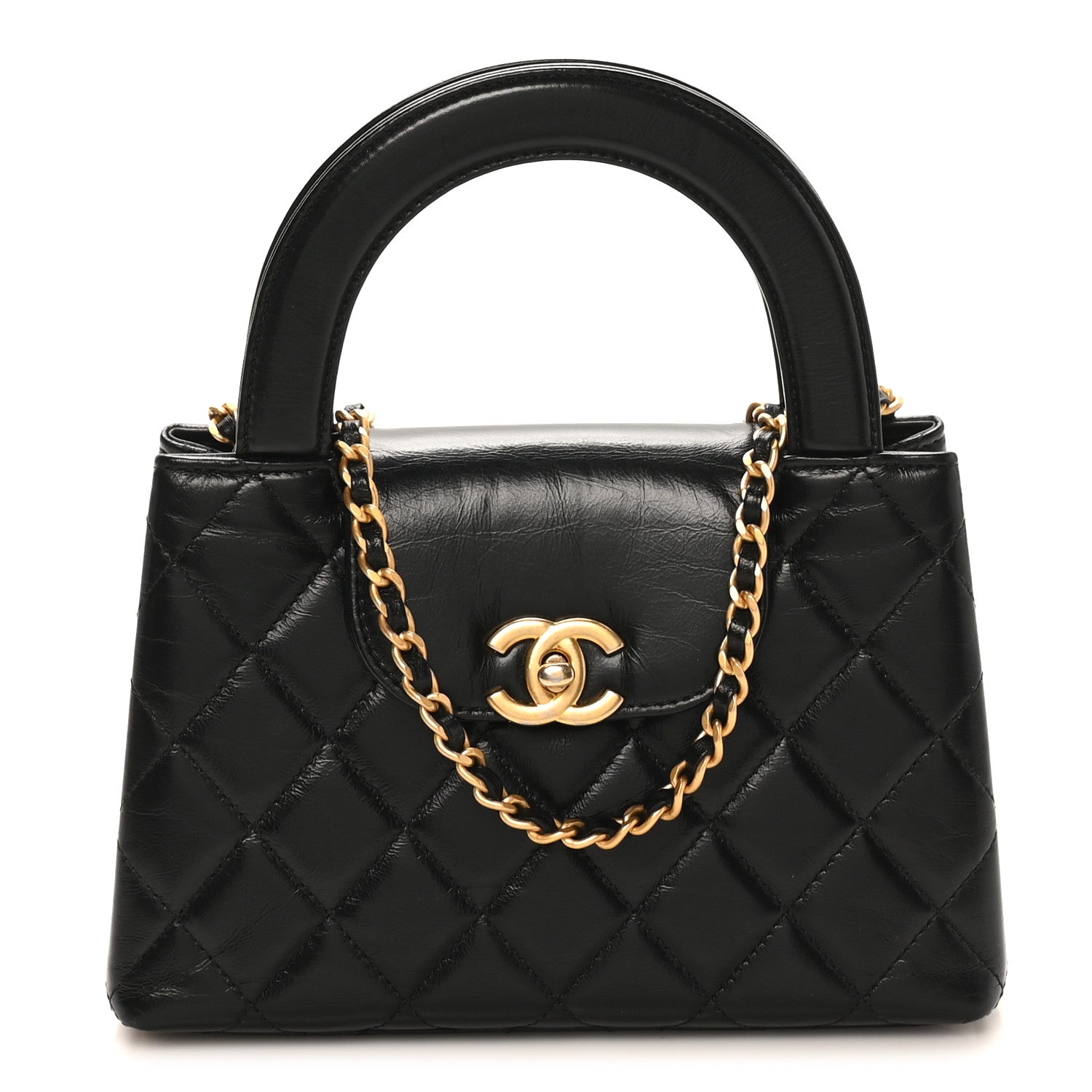 Chanel Shiny Aged Calfskin Quilted Nano Kelly Shopper Black