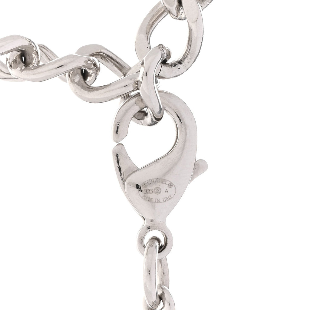 Crystal Pearl CC Bow Drop Necklace Silver