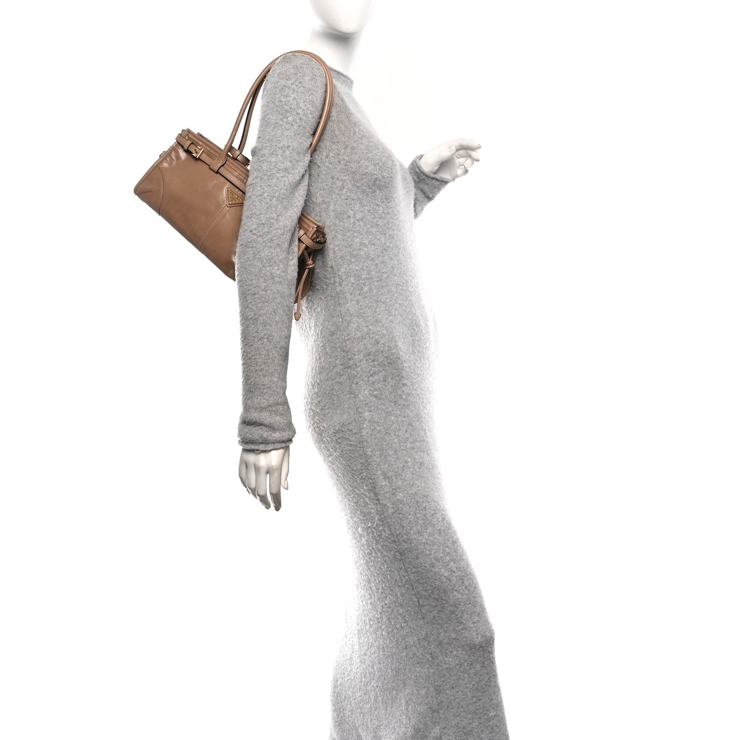 Prada Glossy Calfskin Triangle Medium Bonnie Shoulder Bag Cameo