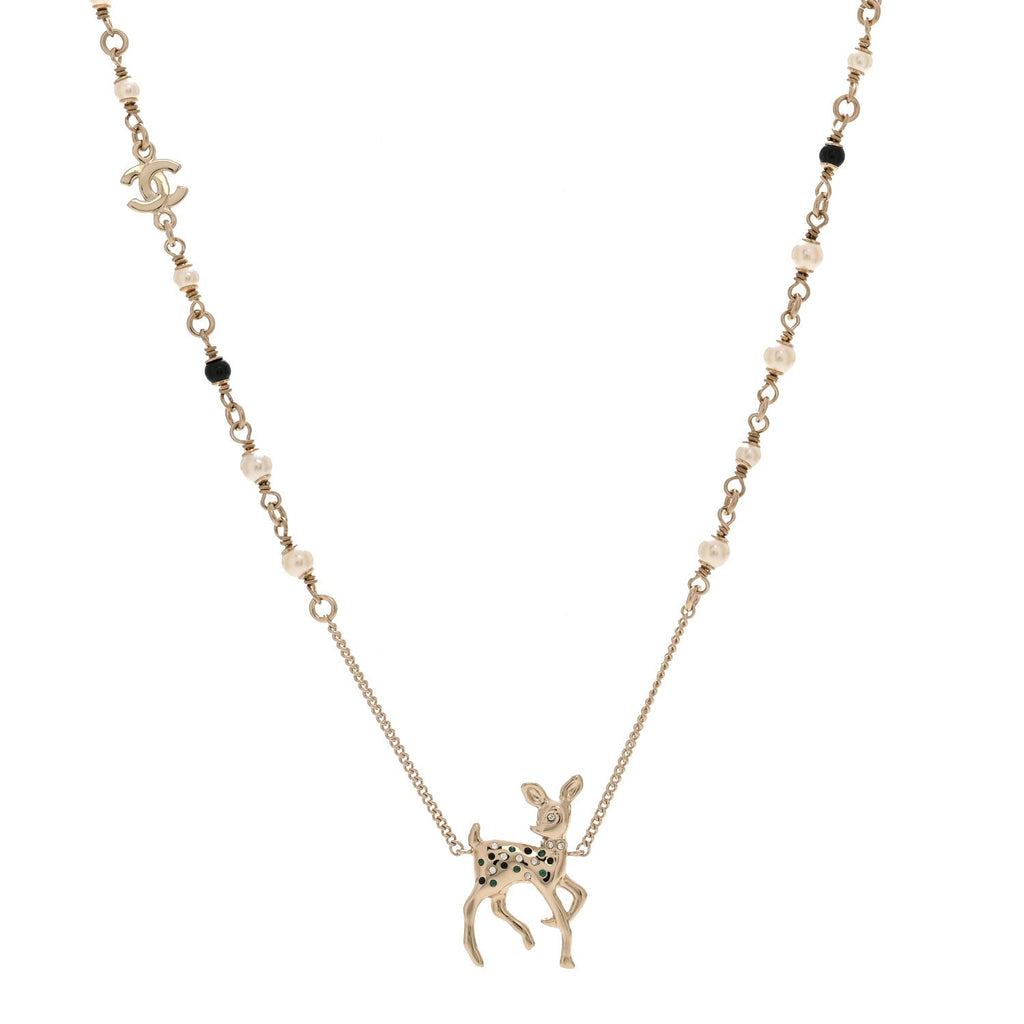 Metal Crystal Pearl Deer Pendant Necklace Green Black Gold