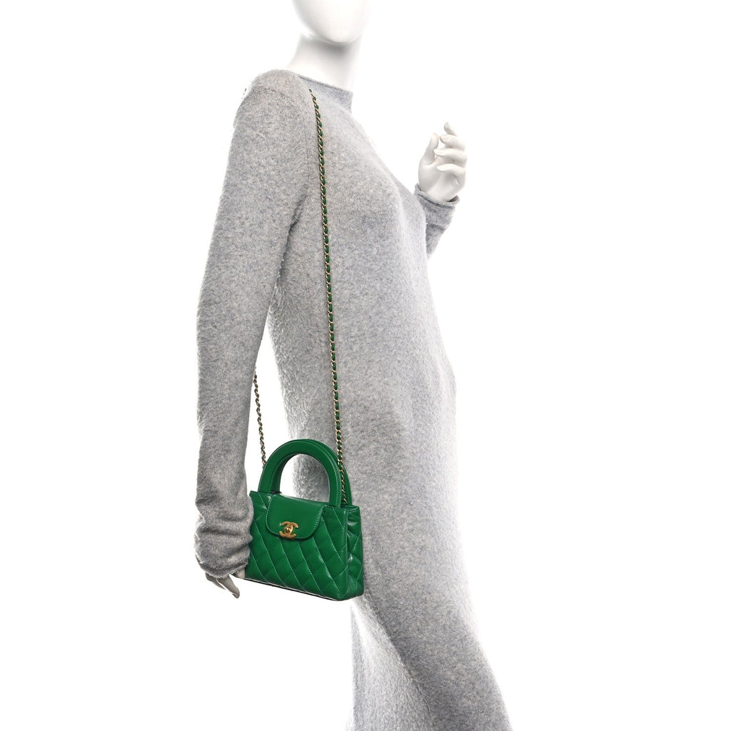 Chanel Shiny Aged Calfskin Quilted Nano Kelly Shopper Green
