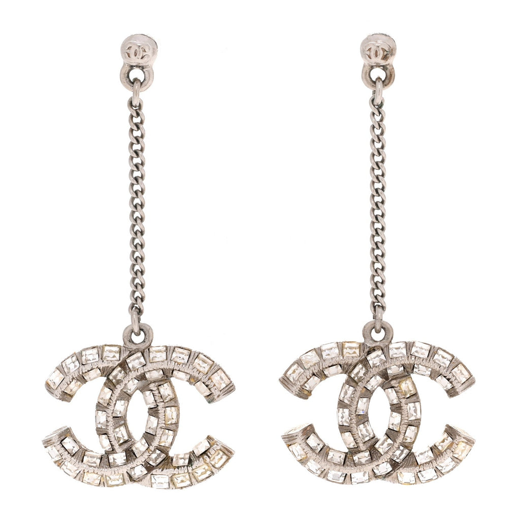 Baguette Crystal CC Drop Earrings Silver