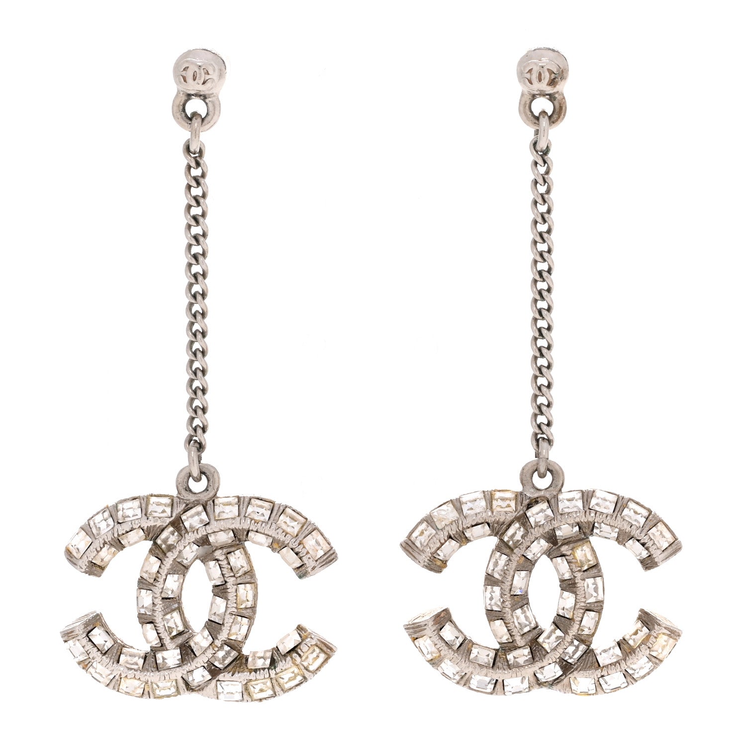 Baguette Crystal CC Drop Earrings Silver