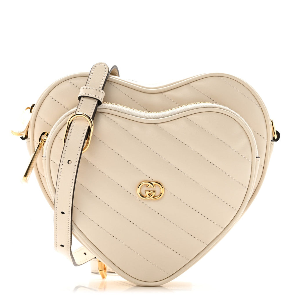 Gucci Calfskin Matelasse Diagonal Mini Interlocking G Heart Shoulder Bag Mystic White