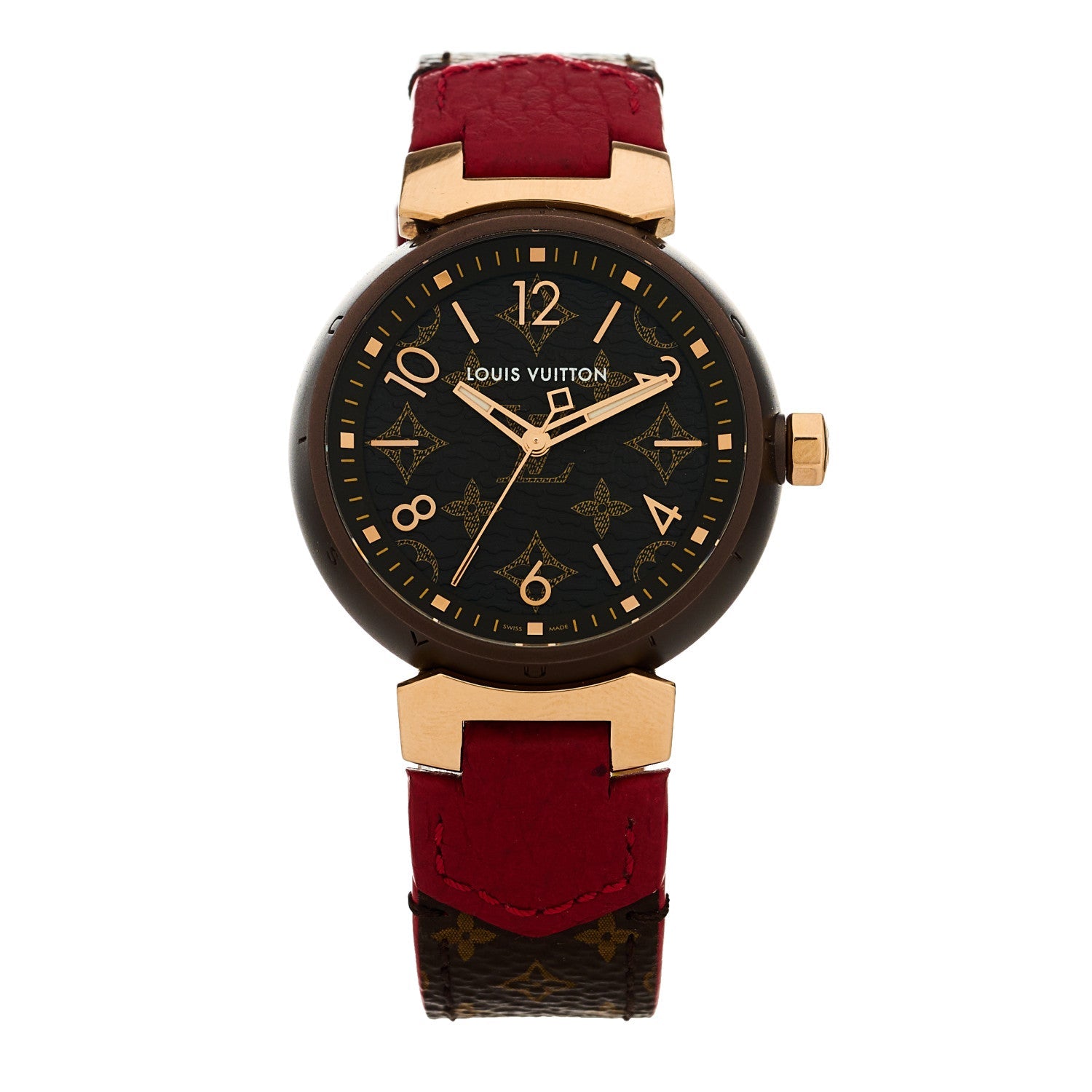 Louis Vuitton Stainless Steel 18K Rose Gold Monogram 34mm Tambour Quartz Watch Brown