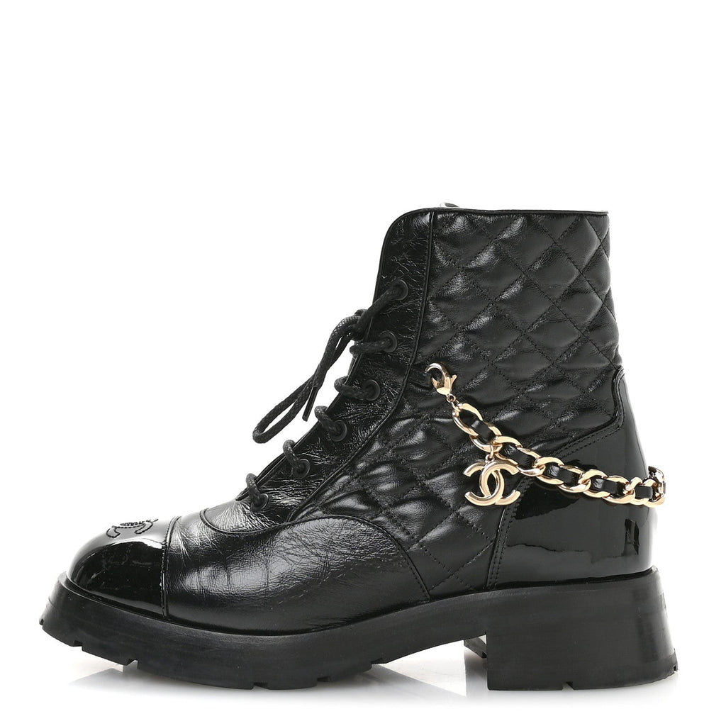 Chanel Shiny Calfskin Patent Quilted Chain Lace Up Combat Boots 40 Black