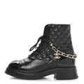 Chanel Shiny Calfskin Patent Quilted Chain Lace Up Combat Boots 40 Black
