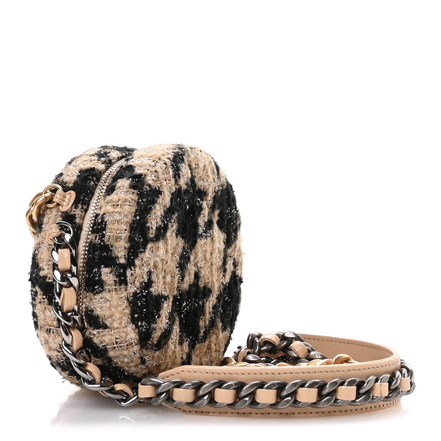 Chanel Wool Tweed Lambskin Quilted Chanel 19 Round Clutch With Chain and Coin Purse Beige Black
