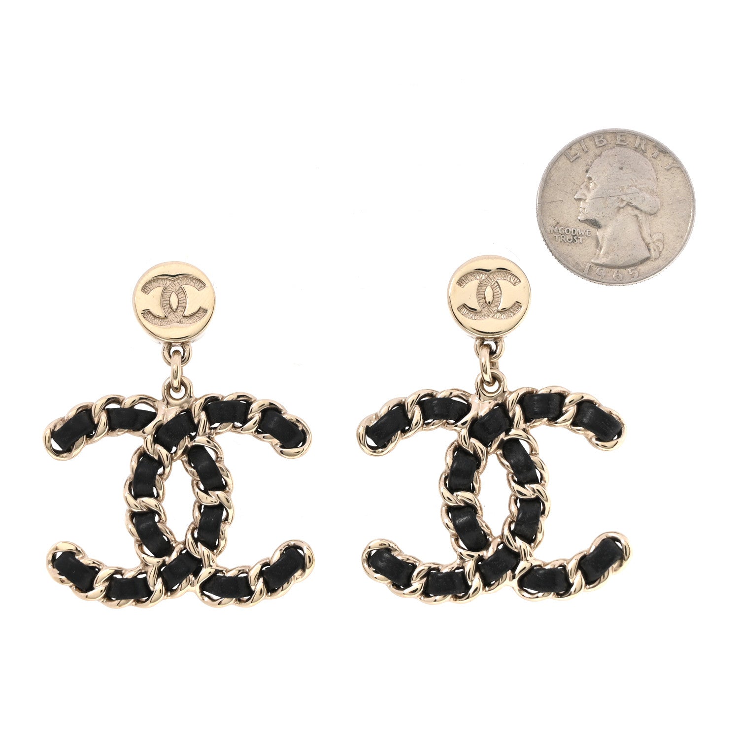 Lambskin Chain CC Drop Earrings Black Gold