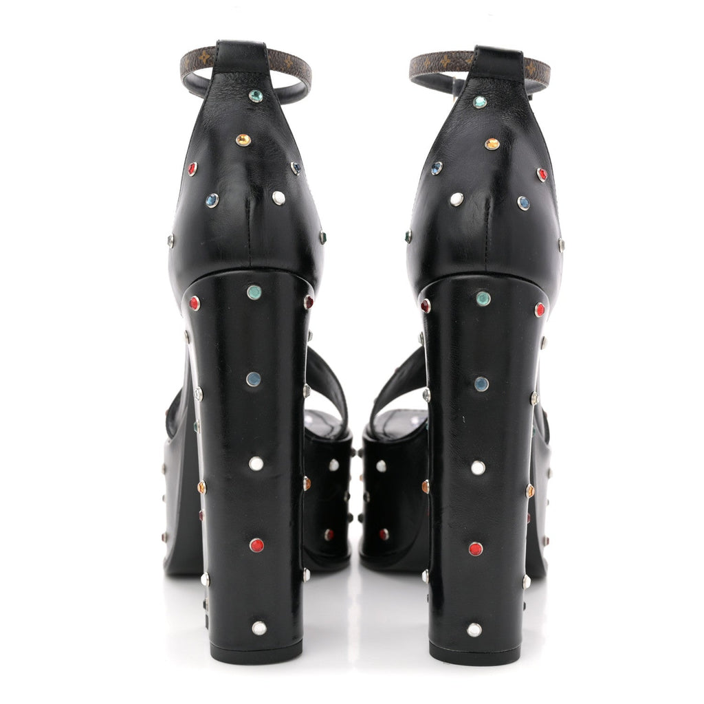 Louis Vuitton Calfskin Studded Fame Platform Sandals 37 Black