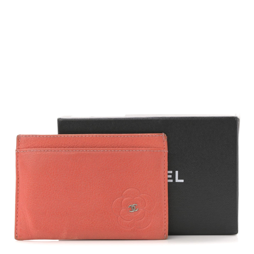 Goatskin Embossed Camellia Card Holder Coral