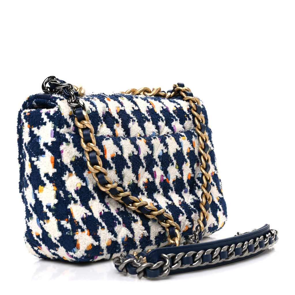 Chanel Tweed Quilted Medium Chanel 19 Flap Ecru Navy Blue Multicolor