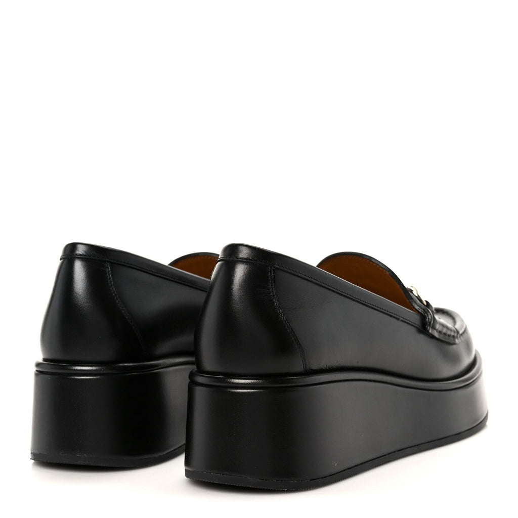 Gucci Kama Calfskin Horsebit Womens Wedge Platform Loafers 38.5 Black