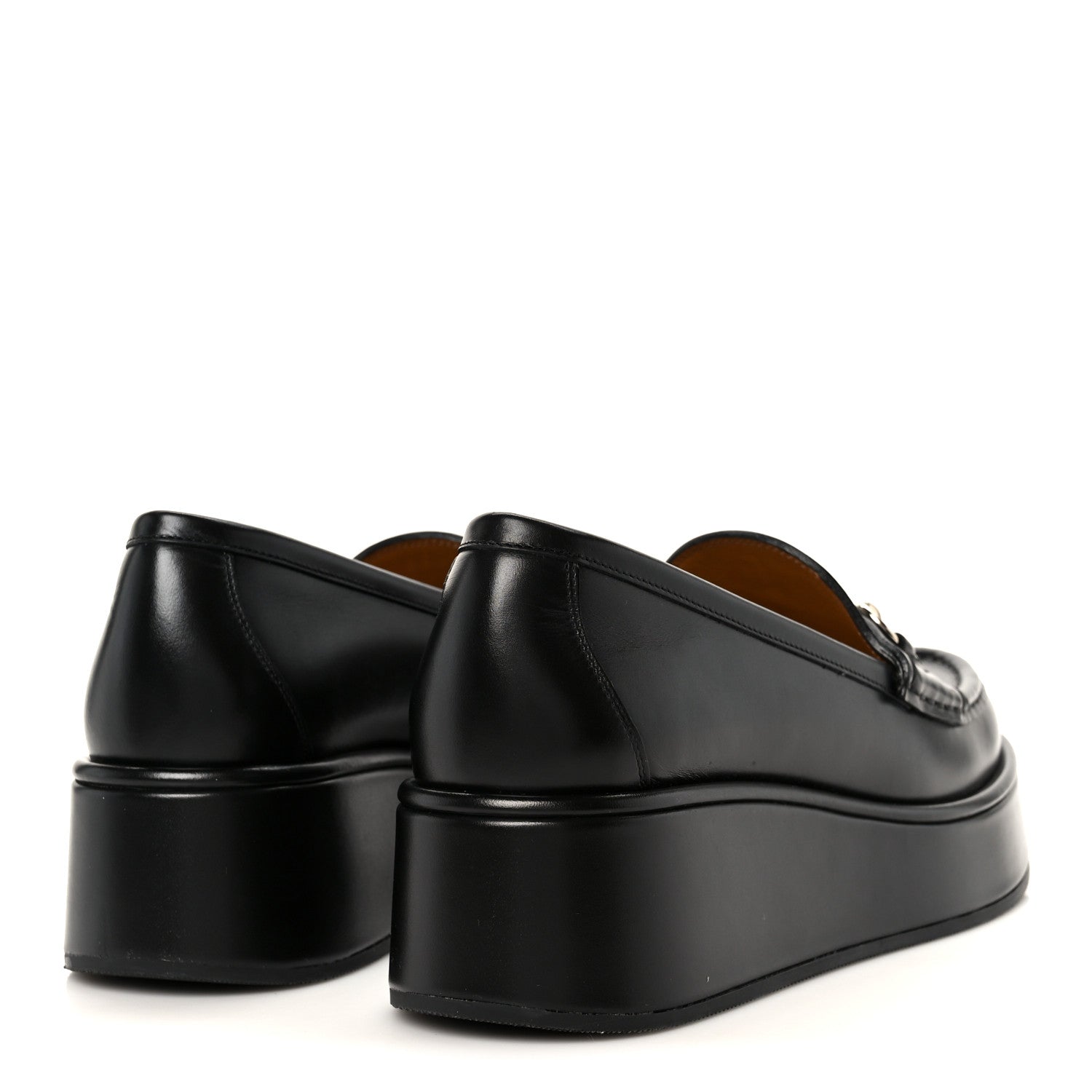 Gucci Kama Calfskin Horsebit Womens Wedge Platform Loafers 38.5 Black