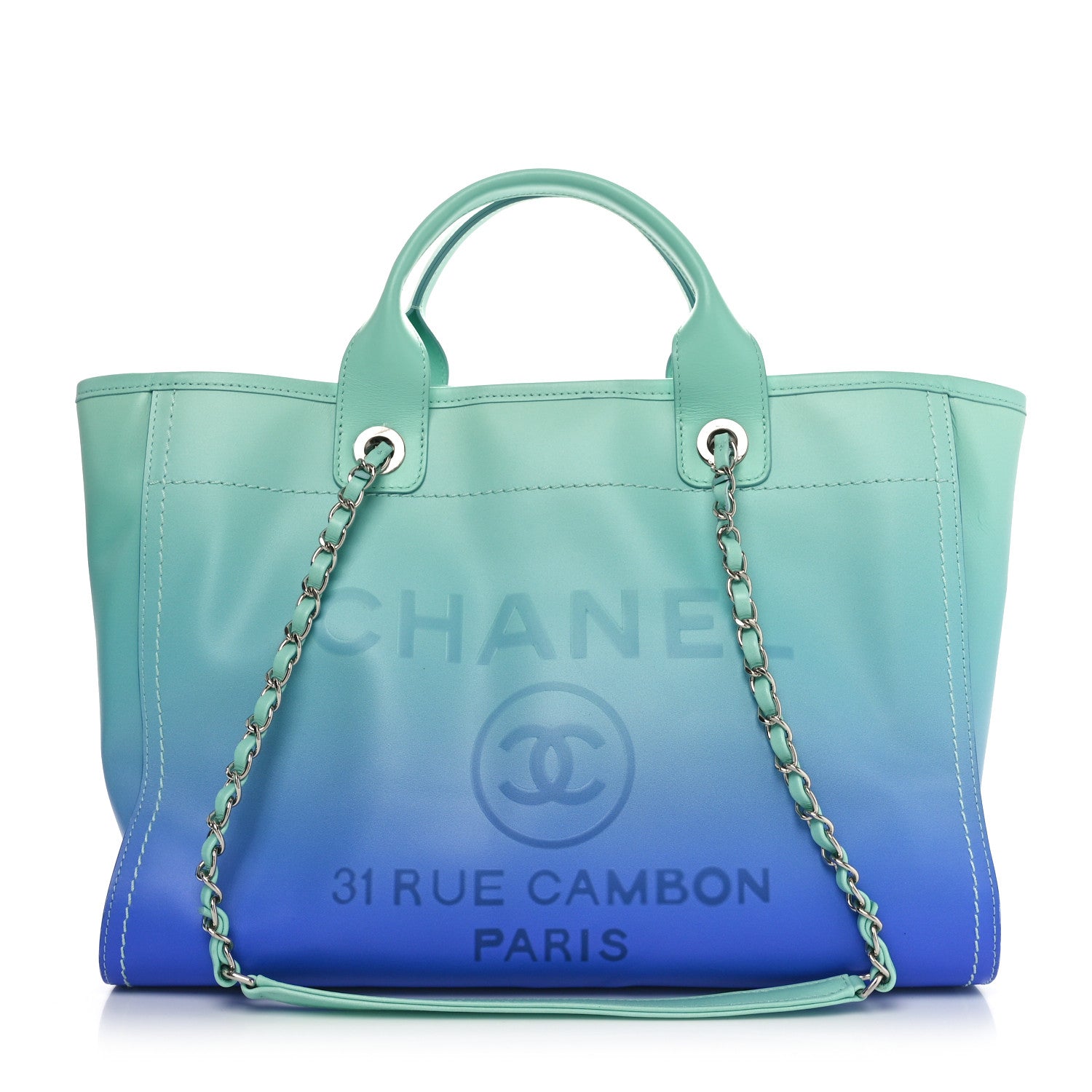Chanel Shaded Calfskin Small Deauville Tote Light Green Turquoise Purple