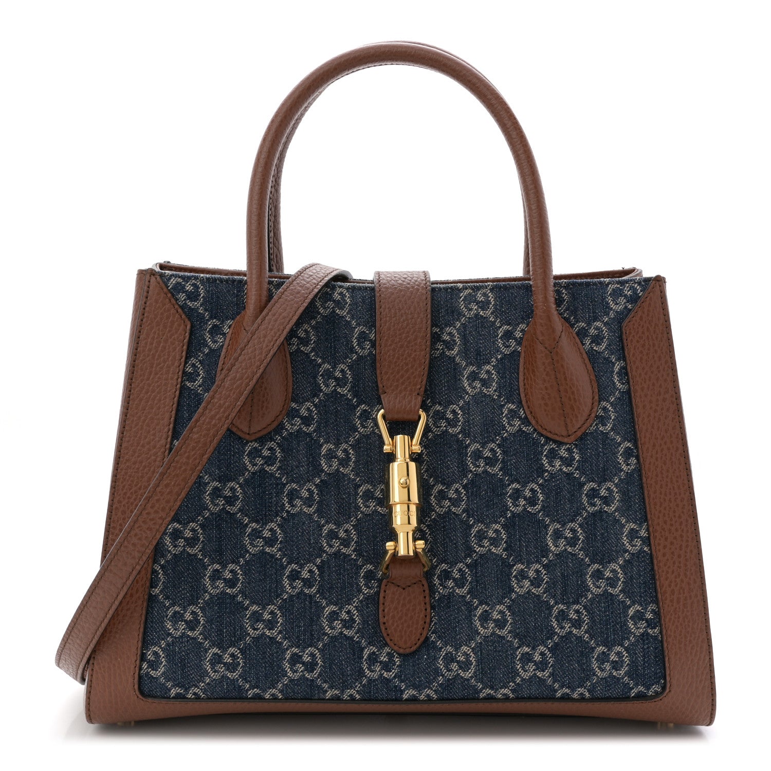 Gucci New Denim GG Monogram Dollar Calfskin Medium Jackie 1961 Tote Blue Tea Cuir Epilog