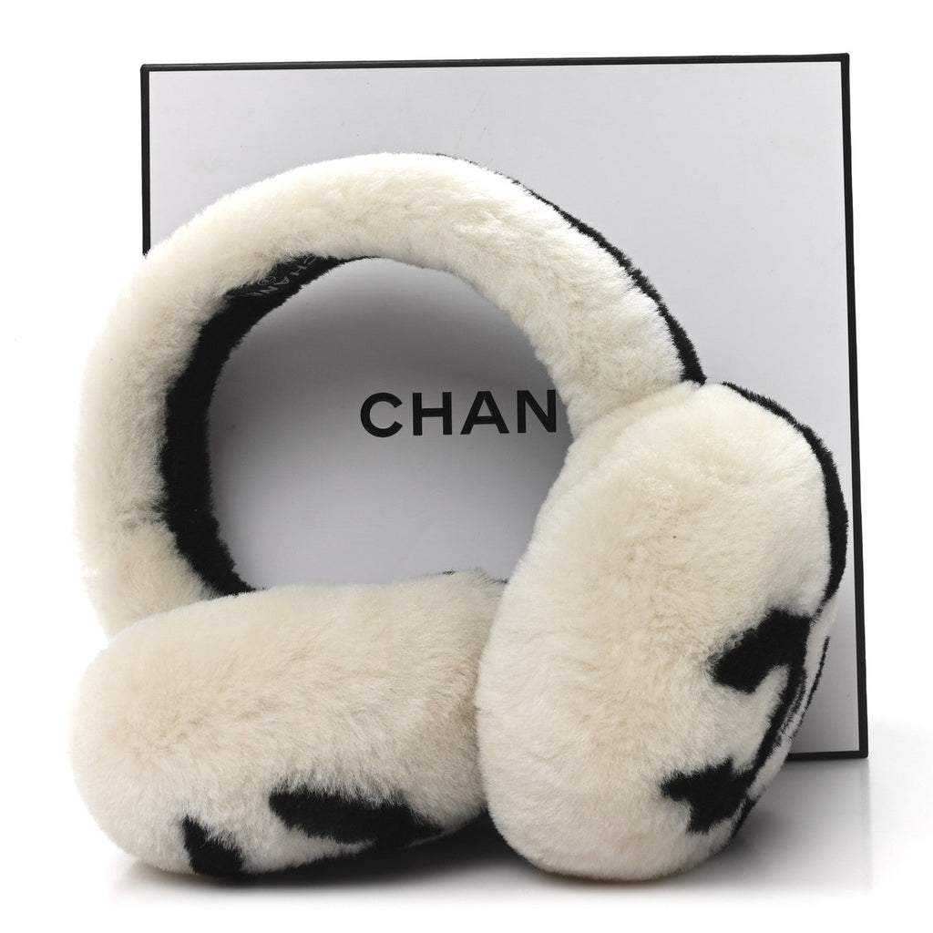 Chanel Shearling CC Ear Muffs Black White