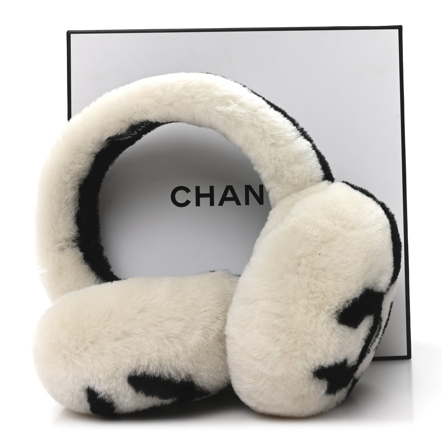 Chanel Shearling CC Ear Muffs Black White