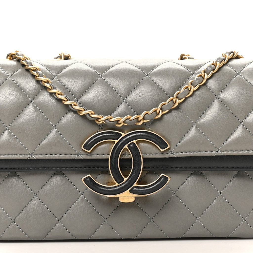 Chanel Lambskin Quilted Small CC Chic Flap Grey Dark Navy