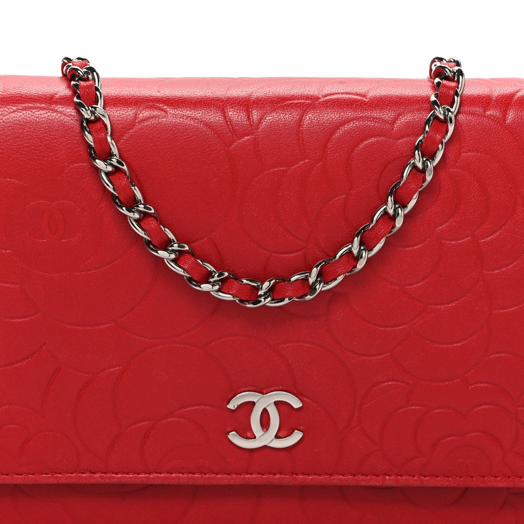 Chanel Lambskin Camellia Embossed Wallet on Chain WOC Red