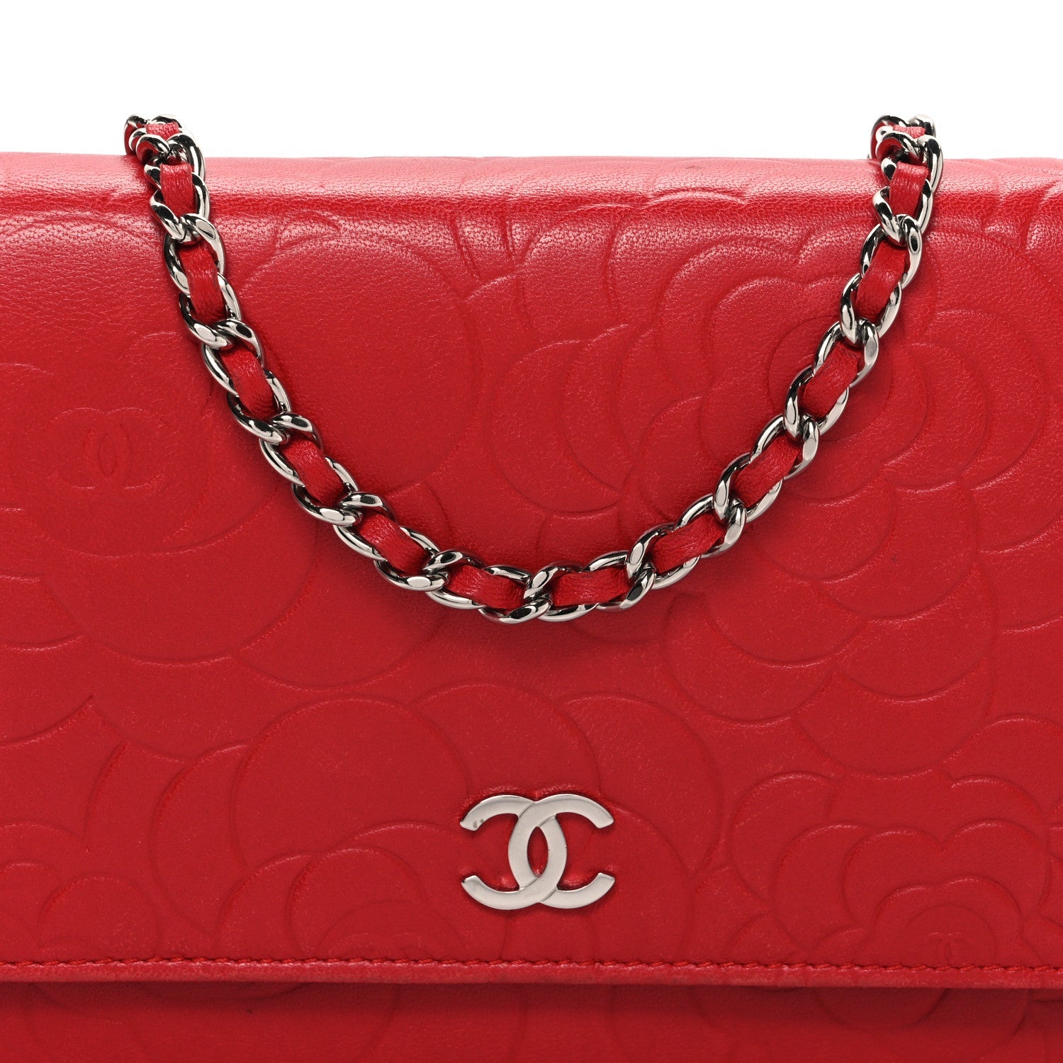 Chanel Lambskin Camellia Embossed Wallet on Chain WOC Red
