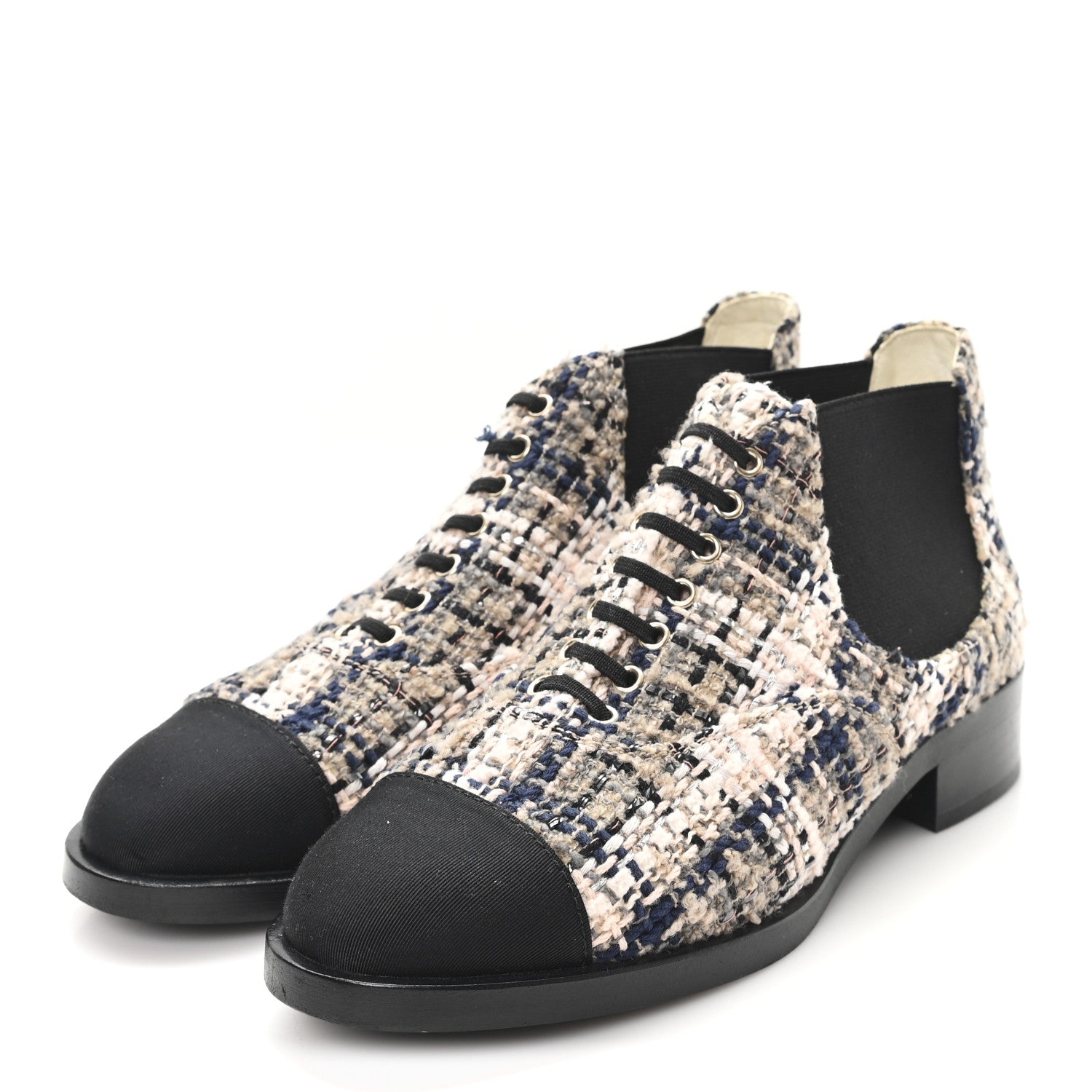 Chanel Tweed Calfskin Pearl Combat Short Boots 36 Beige Pink Black