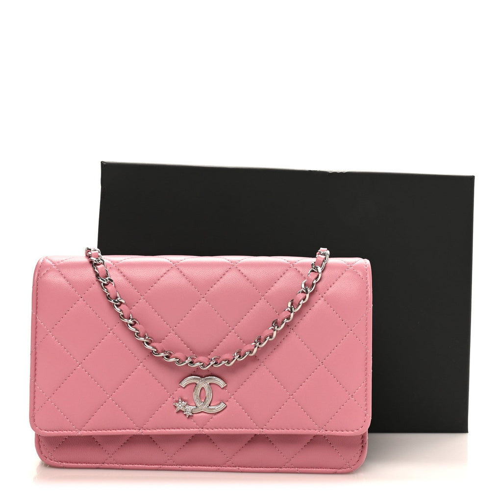 Chanel Lambskin Quilted Crystal Star Wallet On Chain WOC Pink