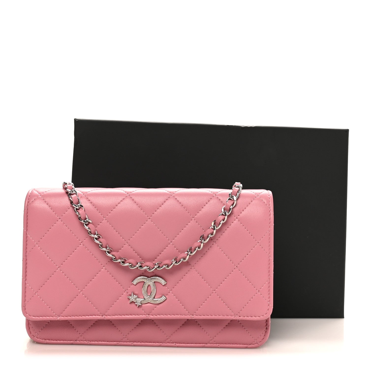 Chanel Lambskin Quilted Crystal Star Wallet On Chain WOC Pink