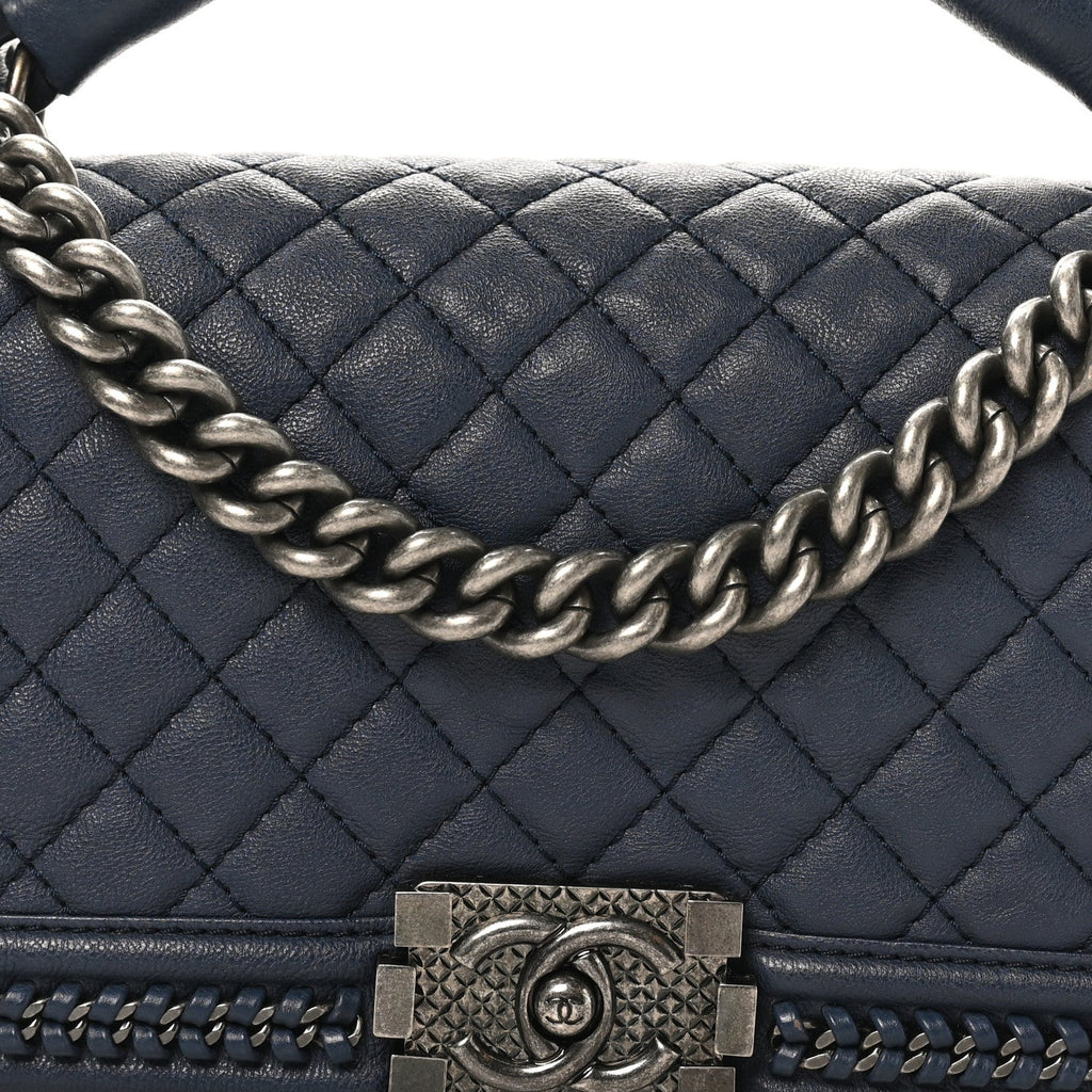 Chanel Calfskin Quilted Medium Top Handle Boy Flap Blue