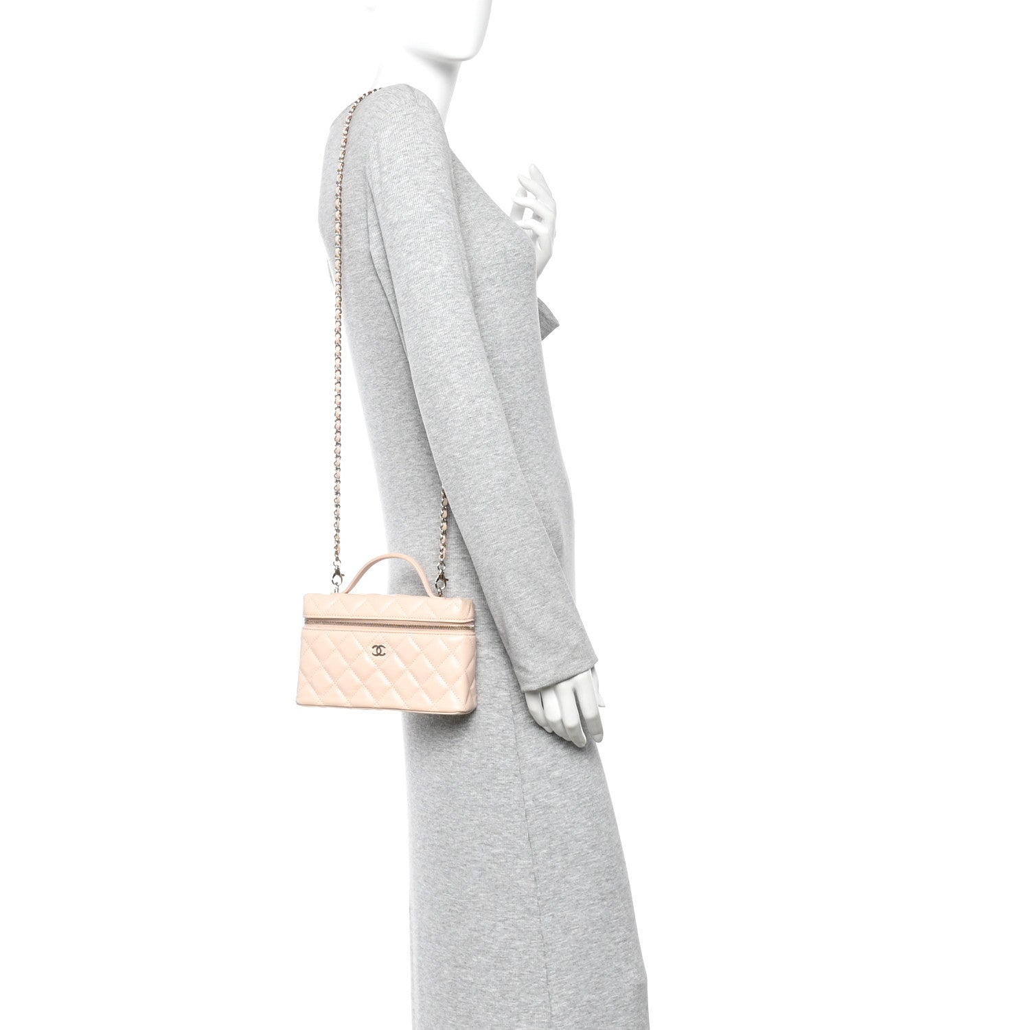 Chanel Caviar Quilted Top Handle Slim Vanity With Chain Beige