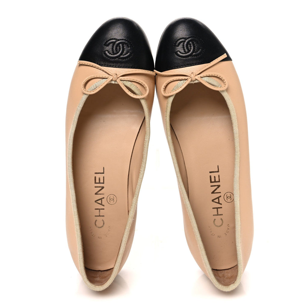 Lambskin Cap Toe CC Ballerina Flats 36 Beige Black