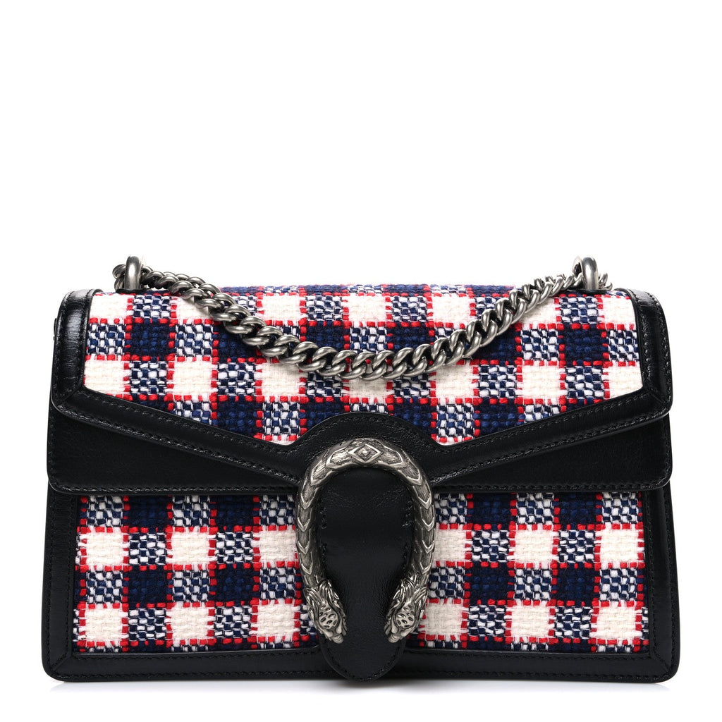 Gucci Vintage Tweed Check Small Dionysus Shoulder Bag White Hibiscus Red Marine