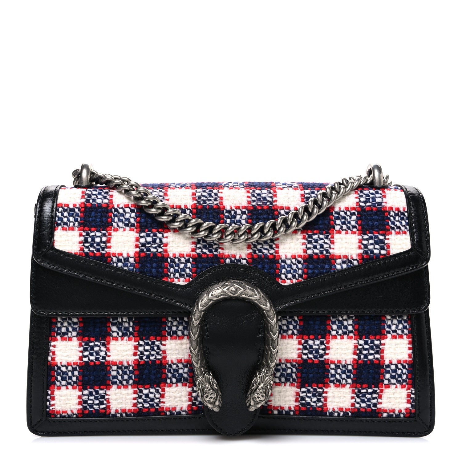 Gucci Vintage Tweed Check Small Dionysus Shoulder Bag White Hibiscus Red Marine