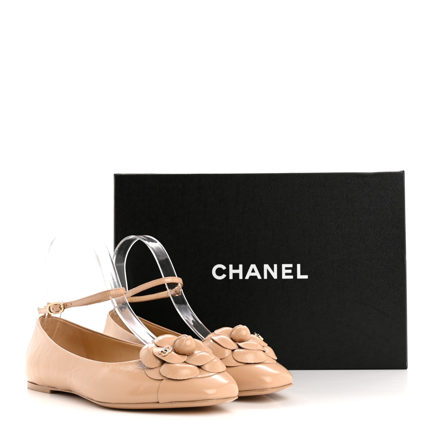Chanel Shiny Calfskin Camellia Ankle Strap Ballerina Flats 36 Beige