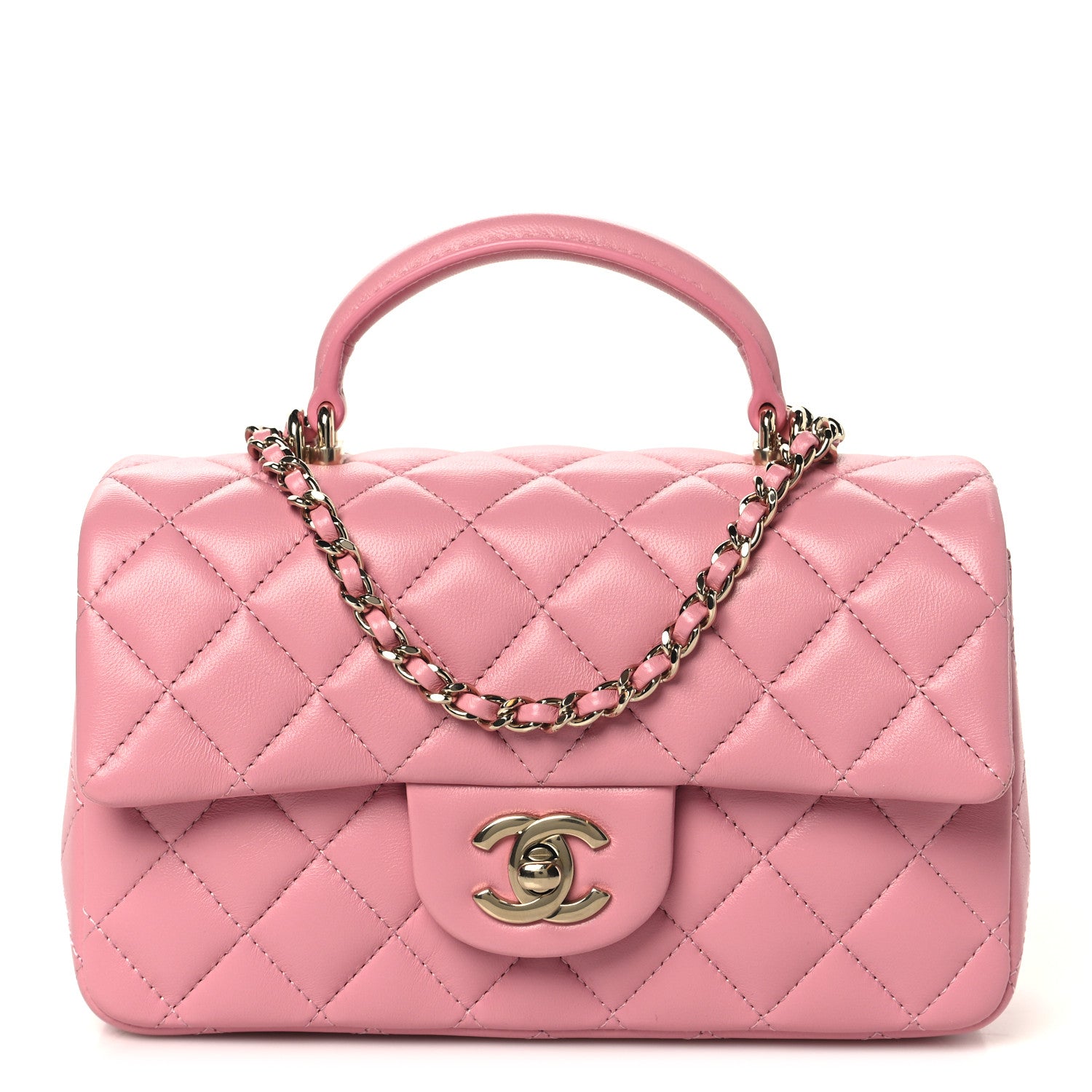 Chanel Lambskin Quilted Mini Top Handle Rectangular Flap Pink