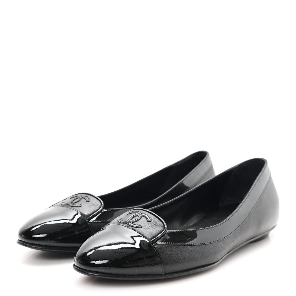 Calfskin Patent Cap Toe Ballerina Flats 38.5 Black